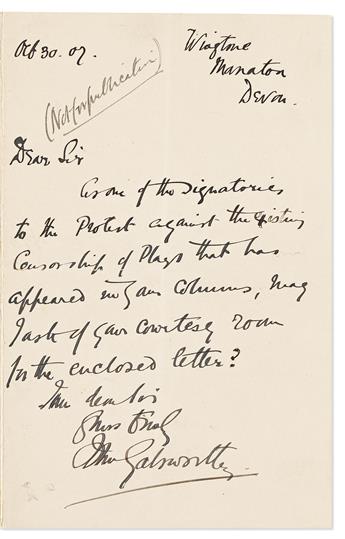 GALSWORTHY, JOHN. Group of 15 items Signed, or Signed and Inscribed, to various recipients, including 9 ALsS, 3 LsS, a MS, a vellum DS,